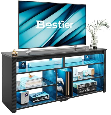 Bestier Hoher TV-Schrank für 65-Zoll-Fernseher, TV-Ständer mit PS5-Stauraum, LED-TV-Konsole mit verstellbarem Ablagefach für das Wohnzimmer, Schwarze Karbonfaser