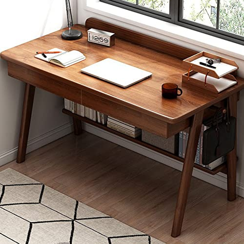Bureau d'ordinateur moderne du milieu du siècle en noyer avec tiroirs et étagères – Poste de travail élégant pour la maison pour une productivité et une nization ergonomiques