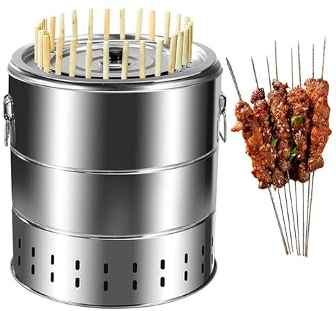 Tragbarer Grill Rauchfreier Grill Surround Holzkohlegrill aus Edelstahl, Grillfass mit 20 Spießen und Grillzubehör-Set, 360° rundum