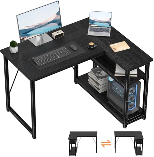 TRIUMPHKEY L-förmiger Schreibtisch 100x80 cm, Reversibler Eckschreibtisch mit Regal, Gaming Computertisch Büroschreibtisch, Corner Gaming Tisch für Zuhause Schlafzimmer Schwarz