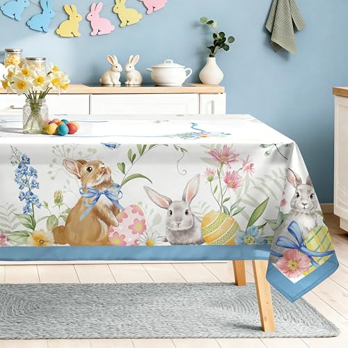 Arquiel Easter Bunny Table Cloth Rectangle Machine Washable Rabbit Farmhouse Blue Ribbon Tablecloth, 104 * 60 inch, Polyester Easter Eggs Table Cover for Kitchen Dinner Party Outdoor Decor