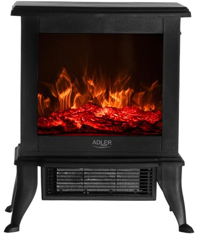 Adler AD 7754 chimenea eléctrica con efecto de llama 3D 1000/1800 W | elemento calefactor cerámico termostato | cristal templado funcionamiento silencioso diseño compacto portátil | calefactor para sa