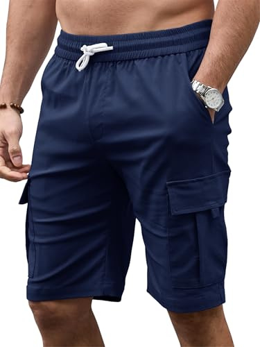Tolaler Pantalones Cortos Hombre Cargo Shorts Bermudas Verano Casual Elásticos con Múltiples Bolsillos Trabajo Playa Azul Marino M