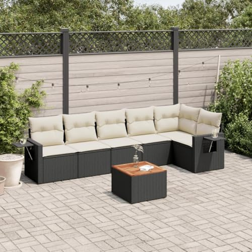 Bucmath 7-TLG. Garten-Sofagarnitur, Schwarz Poly Rattan Loungeset, UV-beständig, mit Kissen, Akazienholz-Tischplatte, Modulares Design für Terrasse, Balkon, Garten