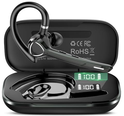 Manos Libres Auricular Bluetooth 5.4 con CVC8.0/ENC Doble Micrófono Cancelación, 90H Talk Auriculares Inalambricos Mono Conexión de Dos Dispositivos, Botón Mudo para Conducir/Negocios, IPX7, Negro