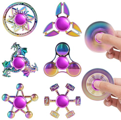 Set om 6 metallfidget-spinnare, regnbåge | sensorisk stressleksak för barn och vuxna | Hållbar, för kontor, skola, ångest och som en gåva