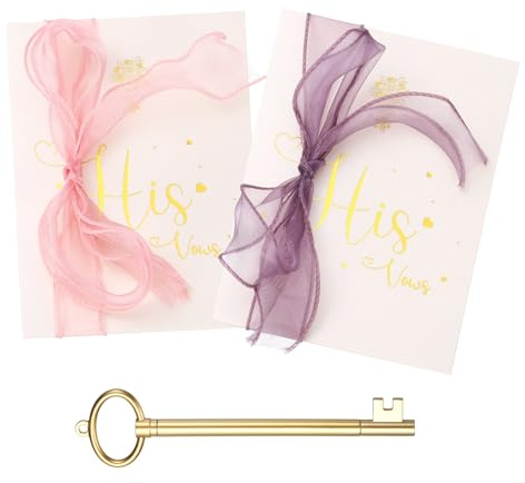 YOKIVE Wedding Day Vow Card Set, (7.87 x 5.51-Inch, Purple/Pink), Vow Card with Key Shape Pen for Her & Him Ribbon Version A, Gold Foil, Great Gift for Bride Groom Bridal Wedding