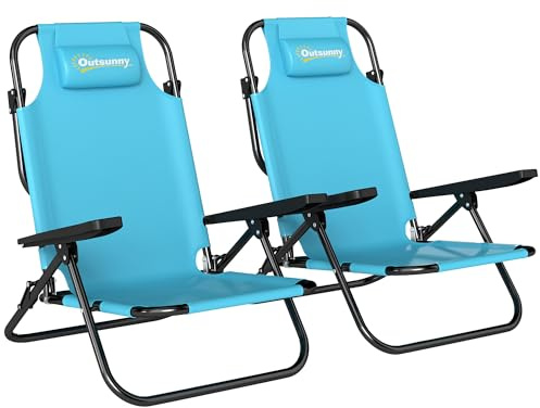 Outsunny Set med 2 hopfällbara strandstolar, hopfällbar campingstol med 5 positioner med ryggstöd, nackstöd och armstöd, för trädgård, picknick, festival, resor, ljusblå