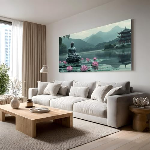 Generisch Leinwandbilder XXL, Bilder Schlafzimmer Modern, | Großes Asiatisch Buddha Wandbild für Wohnzimmer Deko Botanisch Lotus Kunstdruck Zen Landschaft Canvas Art 70x140 cm