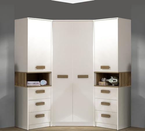 Eckschrank und 2 Regale für das Jugendzimmer, Schlafzimmer, 195x195cm, weiß + Riviera Eiche - Marmex Grant Set G17