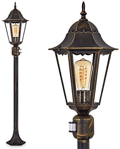 Lampada da esterno Hongkong, rilevatore di movimento, stile antico, fusione di alluminio marrone/oro, vetri, lampada da sentiero/da giardino/da terra, retro/vintage, 122cm, E27, IP44, senza lampadina