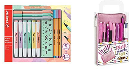 Stabilo Pastel Collection Set – Confezione mista 13 pezzi: 6 swing cool pastel & BIC Pink & Purple Set - 1 Astuccio, 2 Penne a Sfera/1 Penna Correttore Gel/1 Matita Grafite con Gomma