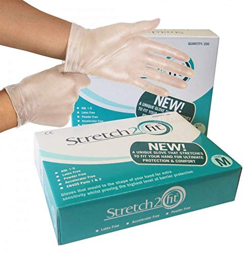 Stretch 2 Fit Box of 100 or 200 Disposable & Recyclable Gloves - Powder & Latex Free, Allergy Free - Work, Food Preparation, Tattoo, NHS, Cleaning, Wholesale, Cheap (Box of 200 Large) clear