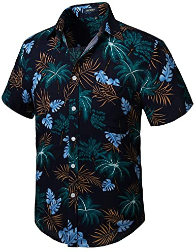 HISDERN Men Funky Hawaiian Coconut Tree Shirts Short Sleeve Front Pocket Holiday Summer Aloha Printed Beach Casual Navy Blue Hawaii Shirt L