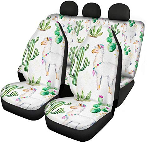 chaqlin Kaktus Lama Autositzbezüge, komplettes Set mit 4 Teilen, Vorder- und geteilte Bankbezug-Kit, Damen Auto-Innenraumzubehör, Universal-Passform für Autos, LKWs, Limousinen, SUVs