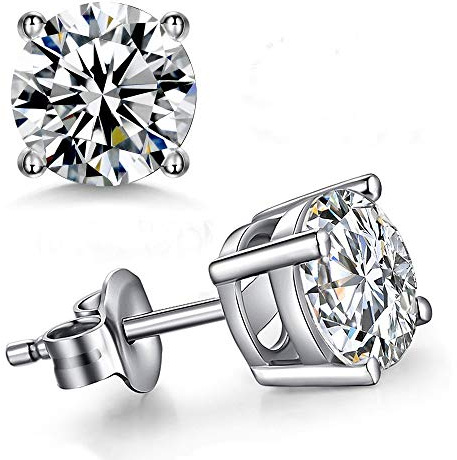 Gulicx 7mm 925 Sterling Sliver Stud Earring for Women, Hypoallergenic 14K White Gold Plated Round CZ Cubic Zirconia Simulated Diamond Unisex Cartilage Stud Earrings, Gift for Women Men Girls Teens
