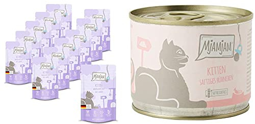 MjAMjAM Quetschie - Kitten vorzügliches Kalb mit Lachsöl 12x125 g, 1er Pack (1 x 1500 g) & Premium Nassfutter für Katzen - Kitten saftiges Hühnchen mit Lachsöl - 6er Pack (6 x 200 g)