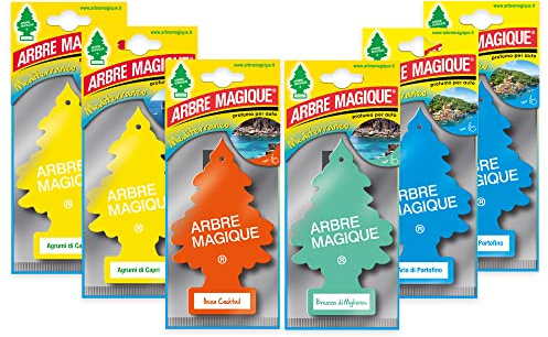 Arbre Magique Mono, parfum de voiture, assortiment 4, Agrumes de Capri x2 + Ibiza Cocktail + Brise de Mykonos + Air de Portofino x2, dure jusqu’à 7 semaines, fabriqué en Italie, 6 pièces
