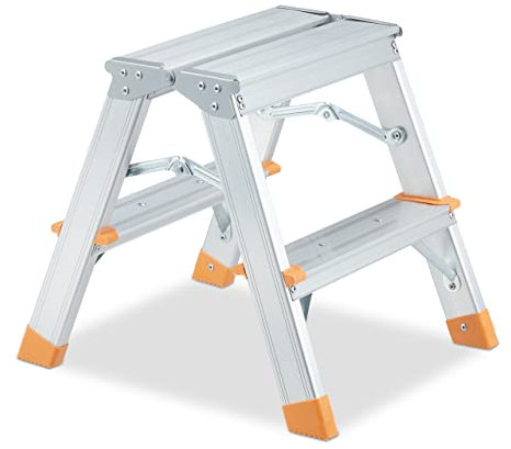 Relaxdays Trittleiter, Aluminium, klappbar, 2 Stufen, Leiter bis 150 kg, beidseitig begehbar, Stehleiter, Silber/orange