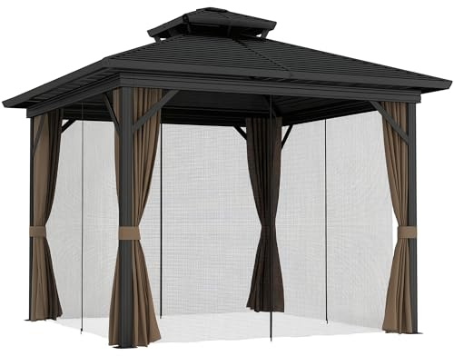 Outsunny 10' x 10' Hardtop Gazebo Canopy with Galvanized Steel Double Roof, Aluminum Frame, Permanent Pavilion Outdoor Gazebo with Netting and Curtains for Patio, Garden, Backyard, Dark Brown