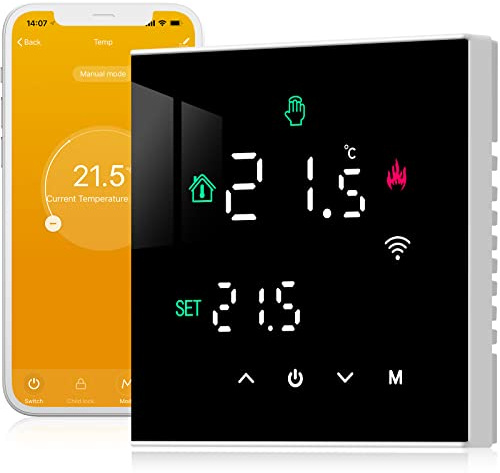 Beok Thermostat Heizung Smart, WiFi Thermostate Fussbodenheizung für Warmwasserbereitung Programmierbarer Raumthermostat Tuya App Kompatibel mit Alexa, Google Home 3A TGW60B-WIFI-WP Schwarz
