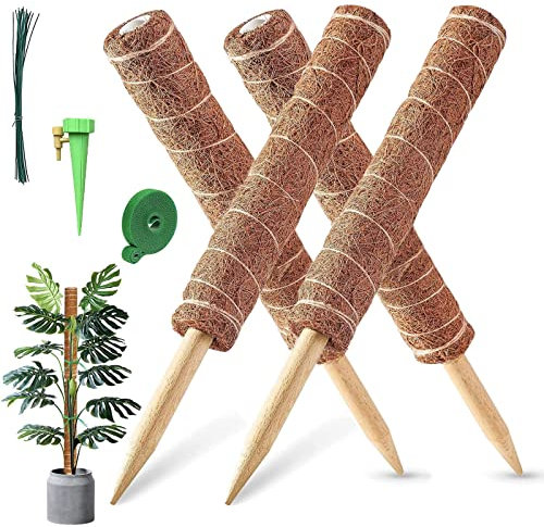MABUSIYI Moss Pole, 4PCS 40CM/16inches Coir Moss Pole for Monstera & Cheese Plant, Plant Stands Indoor with 1 Plant Self Watering Spikes, 20 Cable Ties and 2M Garden Ties (4PCS Moss Poles)