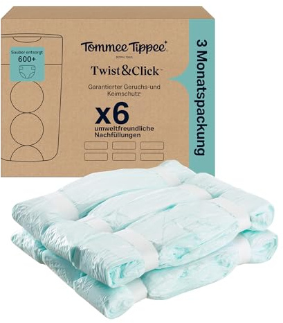 Tommee Tippee Film de Recharge Poubelle à couches Twist & Click, Lot de 6, Longueur 10,5m chacun, Film multicouches antibactérien*, Se glisse dans la cassette Twist & Click, 6 x 10,5m