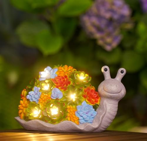Goodeco Statue d'escargot solaire - Figurine d'extérieur en résine imperméable avec plantes grasses et 6 lumières LED - Décoration de maison, cour, patio, pelouse - Cadeaux pour femme/maman/Noël