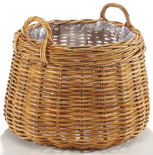 Kobolo Rattanübertopf Pflanzkorb Übertopf Pflanzkübel – Rattan lacak – rund - mit Folie - Größe M