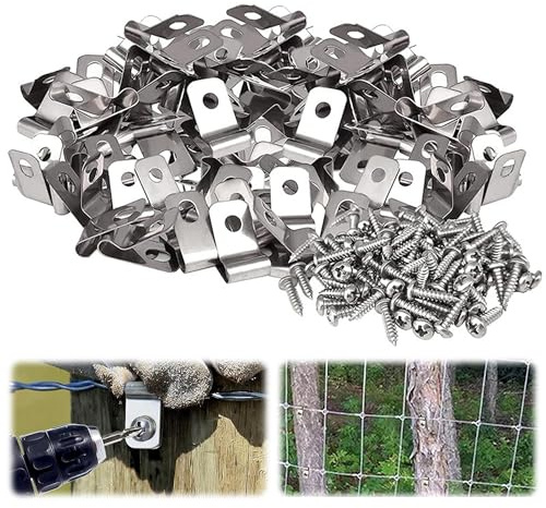 Fence Clips,100 PCS Wire Fence Clips Agricultural Fencing Mounting Clips | Stainless Steel Screw Wire Clamps with Screws for Welded Wire to Wood Metal Vinyl Fence &Cage Aviary