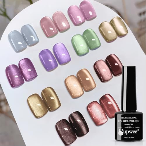 SUPWEE Cat Eye UV Cel Nagellack Set, 12 Farben Cat Magnet-Gel mit 1 Magnet holografischer Glitzer Magnetic Nagellack Soak Off UV Gel für DIY-Maniküre Art