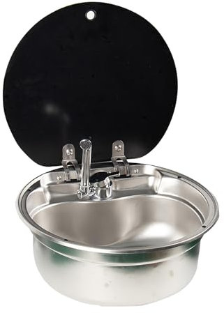 Fregadero Camper, Fregadero de Acero Inoxidable, Fregadero para Exteriores con Grifo y Tapa Plegables, Kit de Fregadero para Autocaravana (Size : Round)