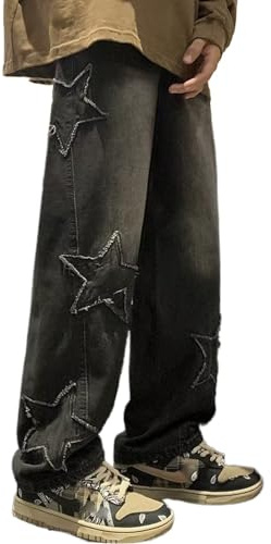 Mens Y2k Star Jeans High Waisted Hip Hop Streetwear Jeans Loose Baggy Embroidery Aesthetic Harajuku Denim Pants, Black, Large