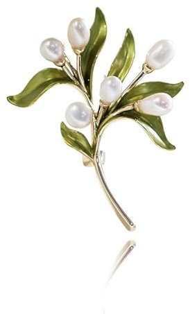 Broche femenino broche natural de perlas de agua dulce broche de rama de olivo, broche de hoja verde simple y elegante