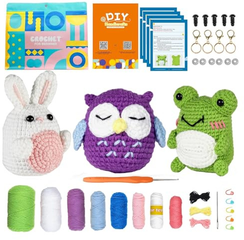 ZOCOYUU Häkelset für Anfänger, 3 Muster, Tiere, Eule, Kaninchen, Frosch, Strickset für Erwachsene und Kinder, mit Schritt-für-Schritt-Video-Tutorials und Garnen, Haken, Zubehör (lila)