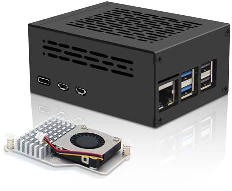 Geekworm Raspberry Pi 5 Gehäuse mit Official Active Cooler Kit (P579-H500) | Support Top PCIe M.2 NVMe SSD HAT Shield X1001 / X1003 / X1004 / X1012 / X1015 / X1000 / X1015, Wall Mountable