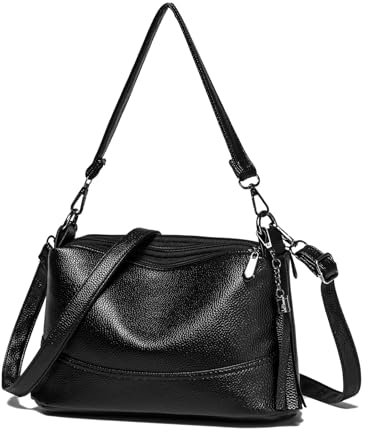 KUNKUN Umhängetasche Damen Mittelgroß Schwarze Handtasche für Damen Shopper Tasche mit 2 austauschbaren Leder Schultergurten 3 Fächern