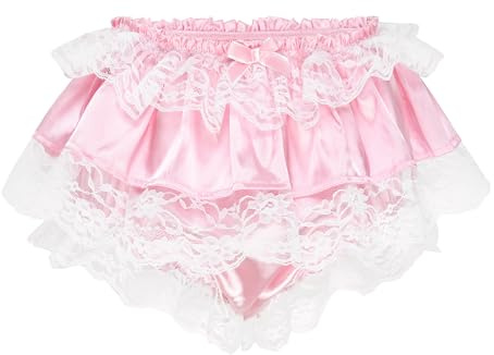 Satini Frilly Lace Sissy Ruffled French Knickers Briefs Lingerie Silky Satin Underwear Panties (Baby Pink, L)
