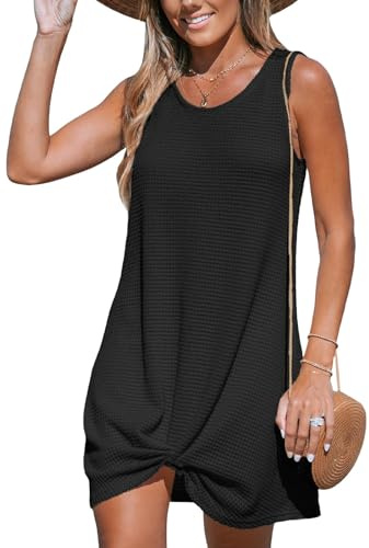 CUPSHE Women's Sleeveless Swimsuit Coverup Waffle Knit Swimwear Beach Cover Ups Twisted Mini Dress Black Large