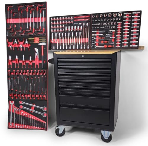 DeTec. Werkstattwagen Designer Edition Werkzeugwagen gefüllt mit Werkzeug Werkzeugschrank rollbar Werkzeugkiste mit Holzplatte Werkzeugkasten mit Schaumstoff-Werkzeugeinlegern in rot