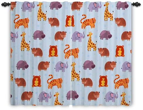 ggaimwf Tiervorhänge für Kinderzimmer Bleistiftfalte Zoo Dschungel Cartoon Giraffe Tiger Bär Bunte Safari Vorhänge fürs Kinderzimmer Babyspielzimmer Fenstervorhänge 2 Paneele 132x214cm