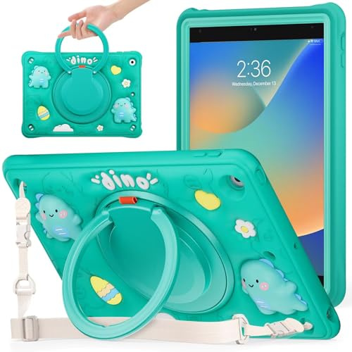 Gerutek Niño Funda para iPad 9/iPad 8/iPad 7 Generación (2021/2020/2019) 10,2 Pulgadas, Carcasa Rugosa con Asa Anillo, Soporte 360° Giratorio, Correa de Hombro, Funda Infantil para iPad 10.2, Verde