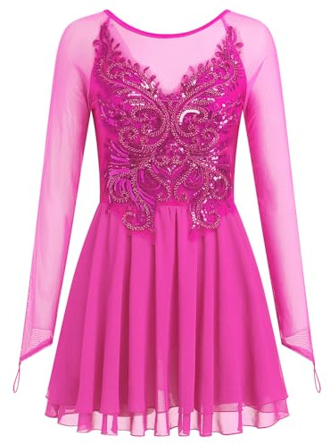 AFAVOM Women's Figure Ice Skating Dress Shiny Sparkle Floral Embroidery Ballet Dance Dress Long Sleeve Sequins Rhinestones Ruffle Chiffon Dress Skating Competition Lyrical Dancewear Dress Hot Pink L