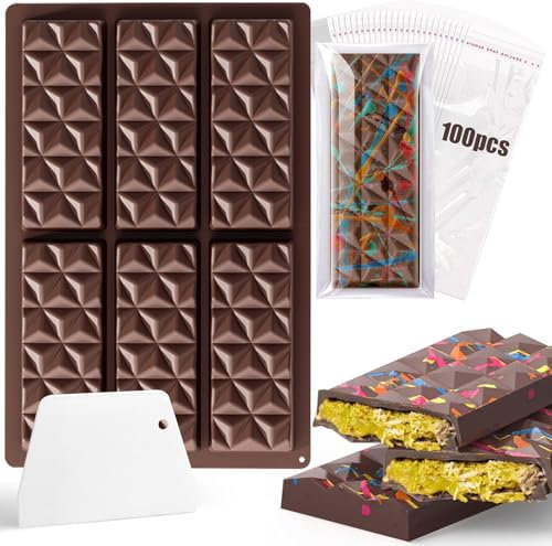 Molde de silicona para chocolate, 6 barras de chocolate profundo, molde de silicona con 1 rascador y 100 bolsas, molde de chocolate antiadherente para dulces de chocolate y praliné (forma de diamante)