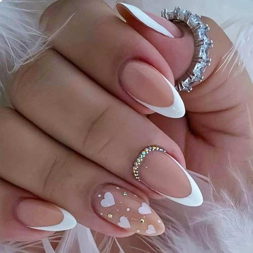 GlamRays Medium French Tip Press on Nails Mandel Herz Weißer French Tip Kleber Nägel Juwel Perl Design Akrylnägel 24 Stück Stiletto Falsche Nägel