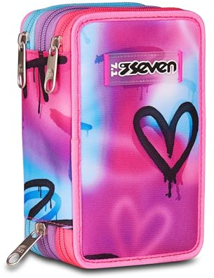 Seven 3 Zip SPRINT PAINT PAINT GIRL Skolväska, Blå Fuchsia, Tre Pennhållare Komplett Med Pennor, Färger, Ryggsäckstillbehör, Grundskola, Flickor