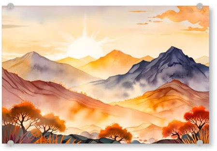 artboxONE Acrylglasbild 30x20 cm Natur Sunlit Trees and Shadowed Valleys - Bild Sonnenaufgang aquarell Berg