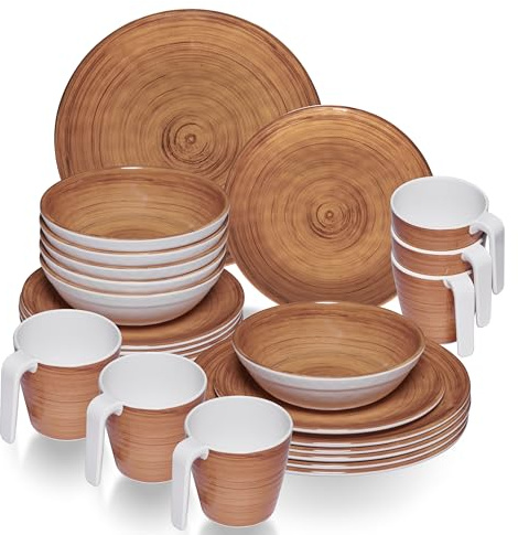 Melamin Geschirr Set Braun für 6 Personen - 24 Teile mit stapelbaren Tassen Steingutoptik Spülmaschinengeeignet Essgeschirr Zubehör Campinggeschirr Wohnwagen Camping Festival Picknick Party