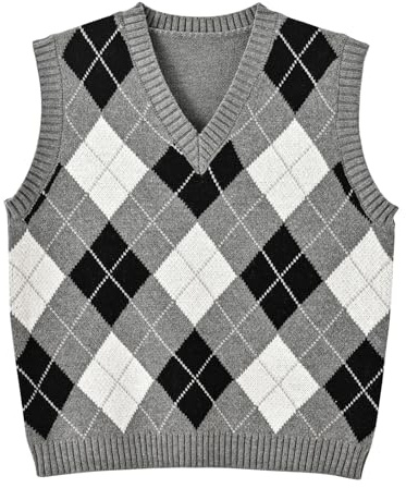 Hyipels Y2K Pull sans manches pour femme Style Preppy Style Crop Débardeur pour fille, Gris argyle-noir, Taille XL