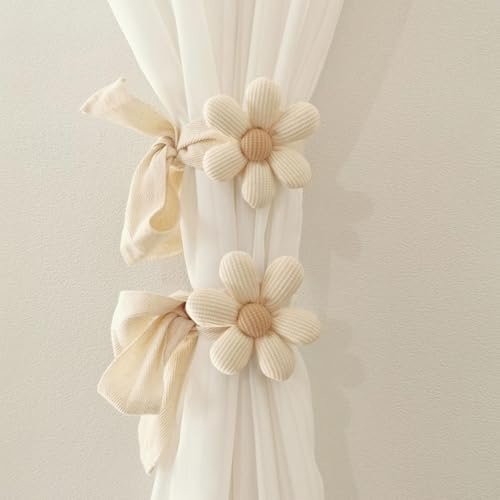 FUYTSUO Raffhalter für Vorhänge, Vorhang Raffhalter Gardinenband 2 Stück, Raffhalter für Gardinen, Niedlich Blumen Gardinenclips Vorhanghalter, Gardinen Seil für Boho Haus Kinderzimmer Deko (Beige)